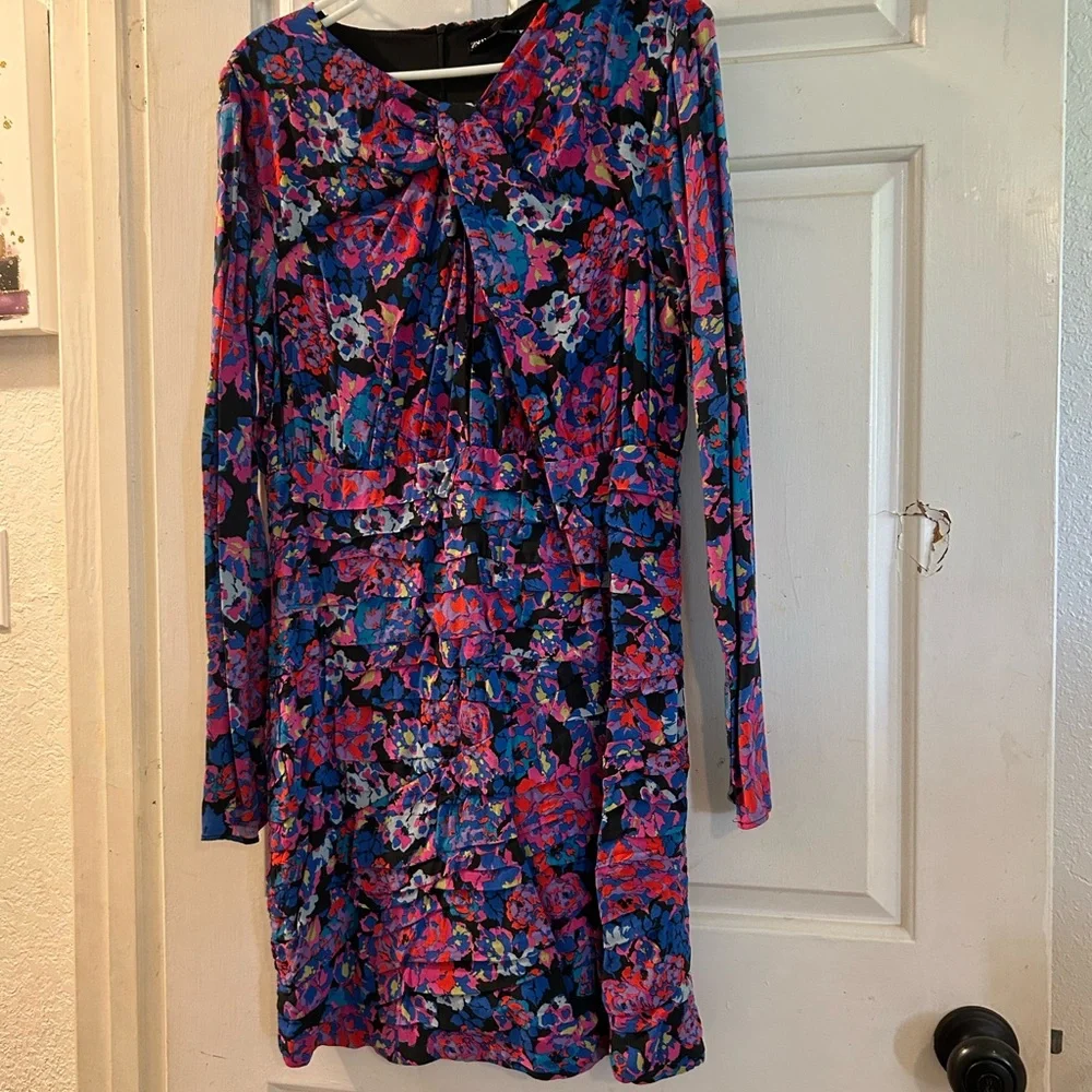 Zara Long-Sleeve Bow-Front Dress in Black, Blue and Pink Floral - Picture 1 of 3
